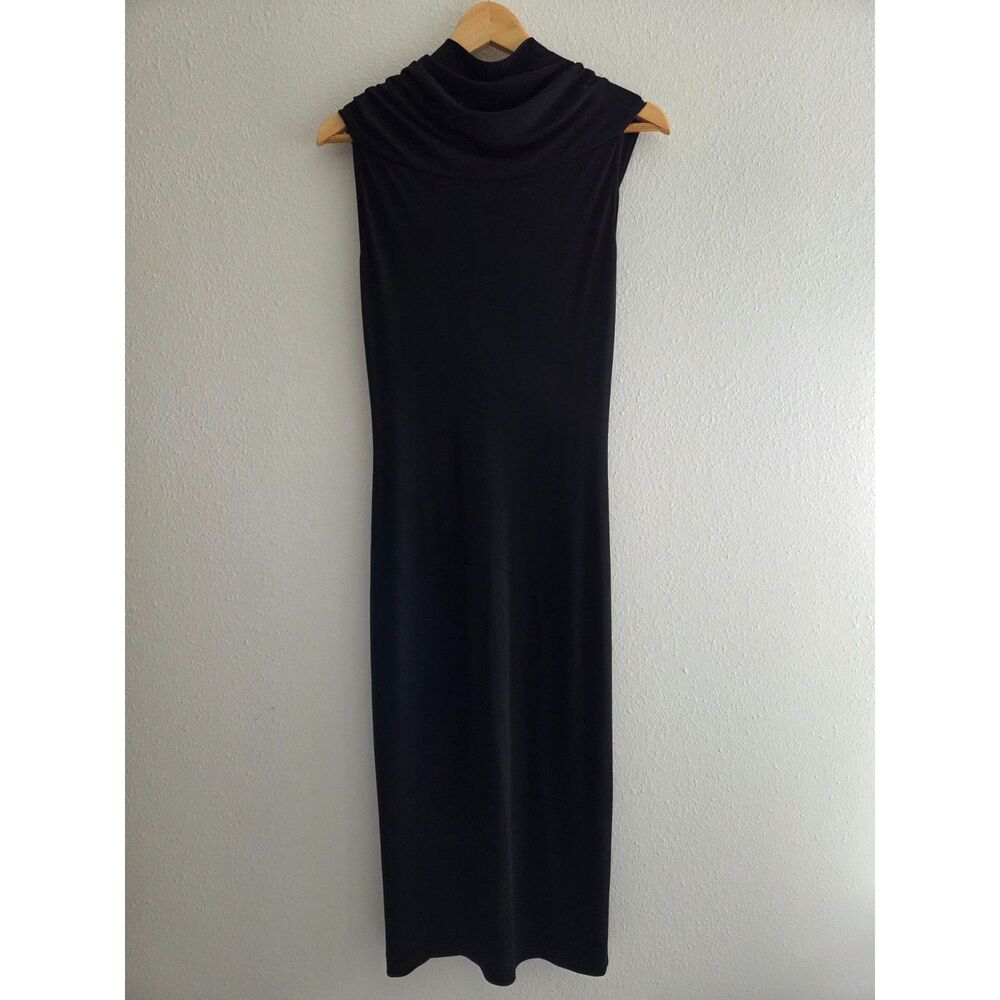 Massimo Dutti Black Maxi Dress Draped Cowl Neck Ruched Front Stretch